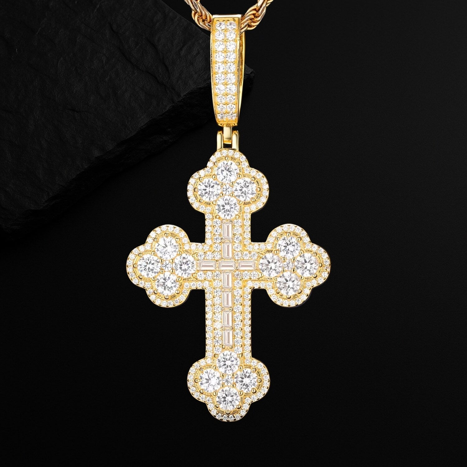 Iced Out Baguette Cross Moissanite Pendant by Ultimate Bold