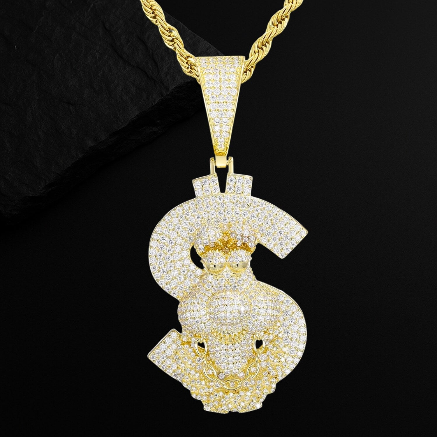 Moissanite Dollar Sign Cartoon Pendant in Gold by Ultimate Bold