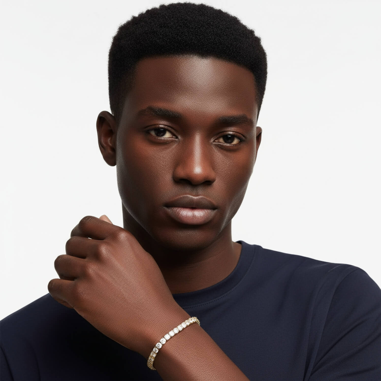 Men’s moissanite tennis bracelet worn on wrist