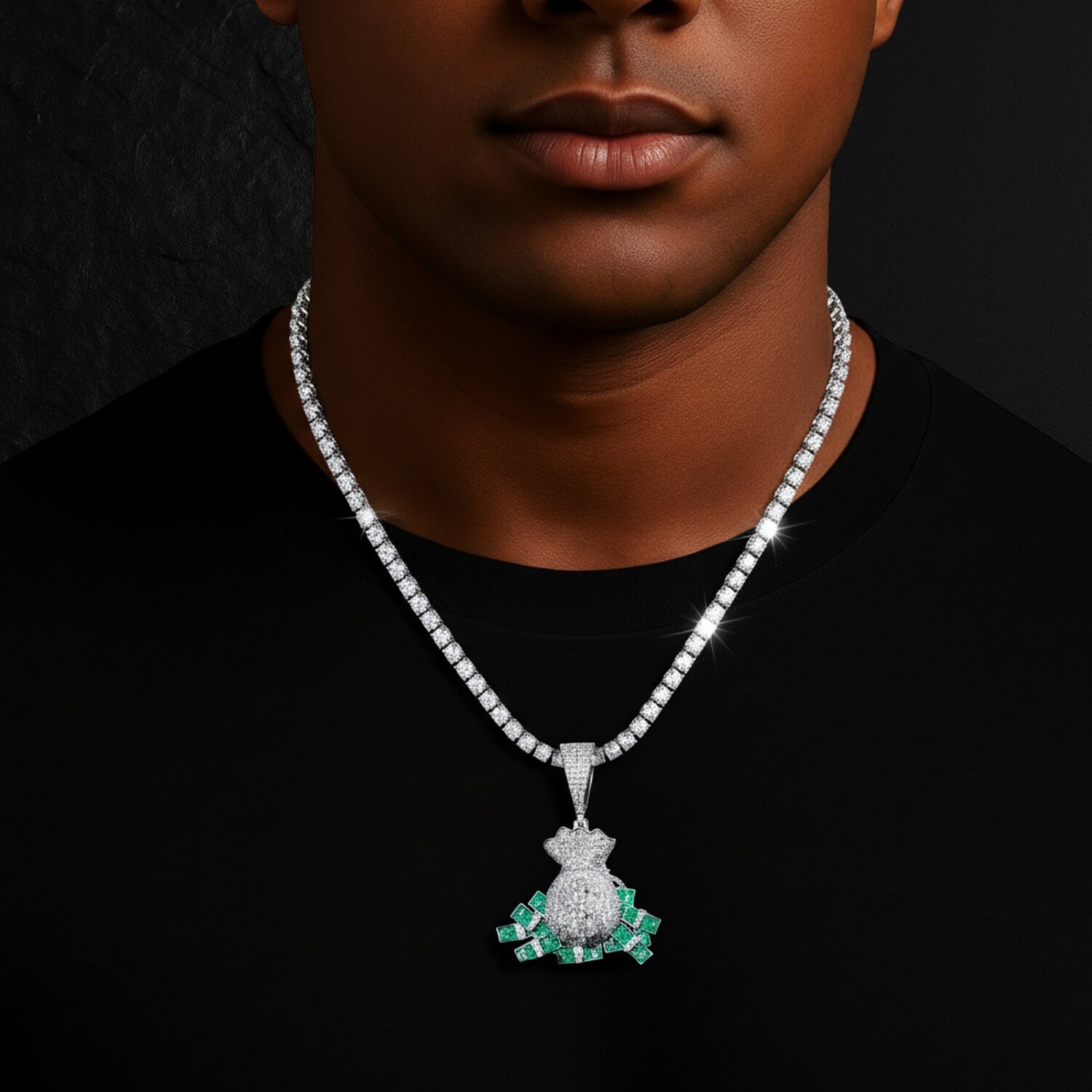 925 Sterling Silver Money Bag Moissanite Charm Pendant