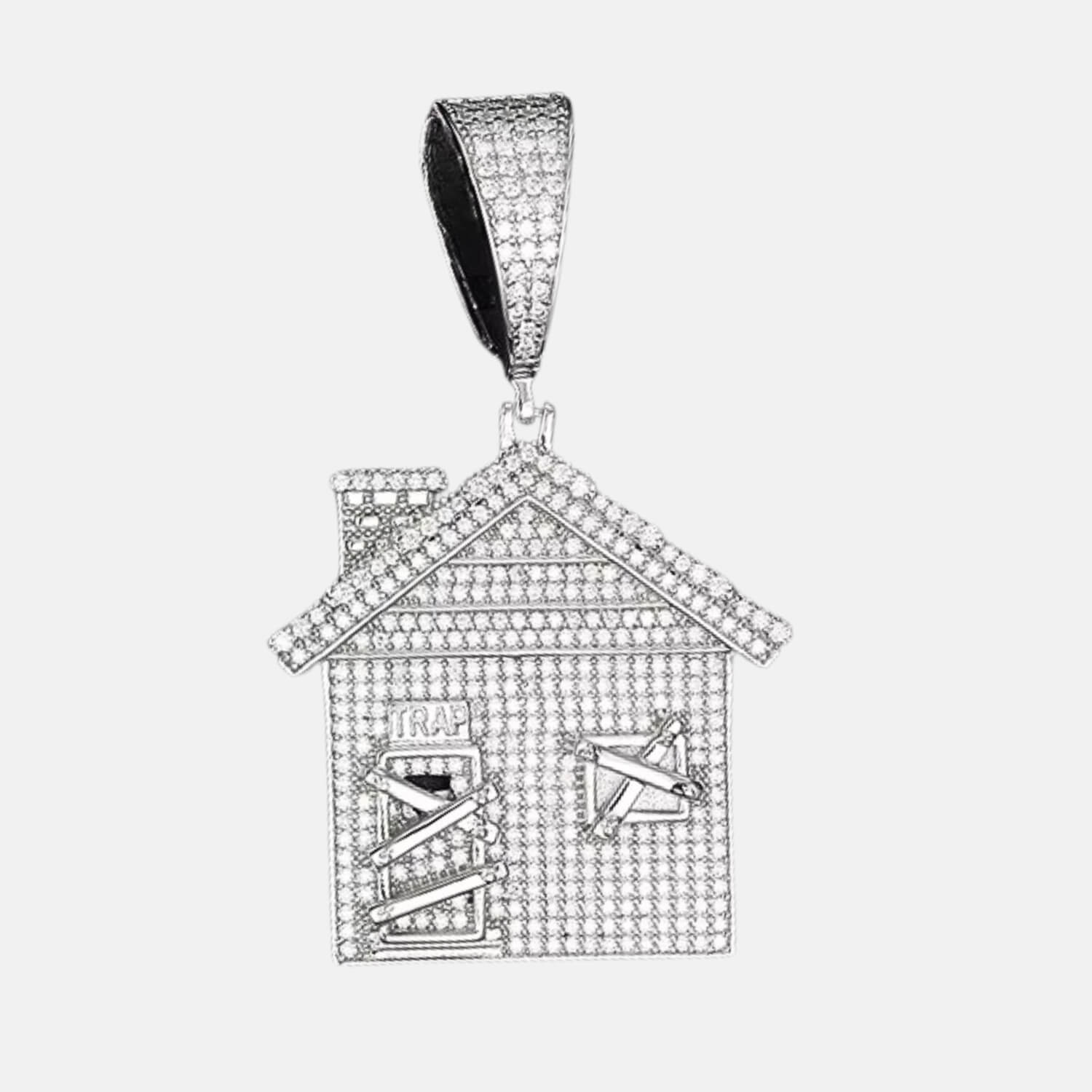 Silver house-shaped pendant with a chain on a black background